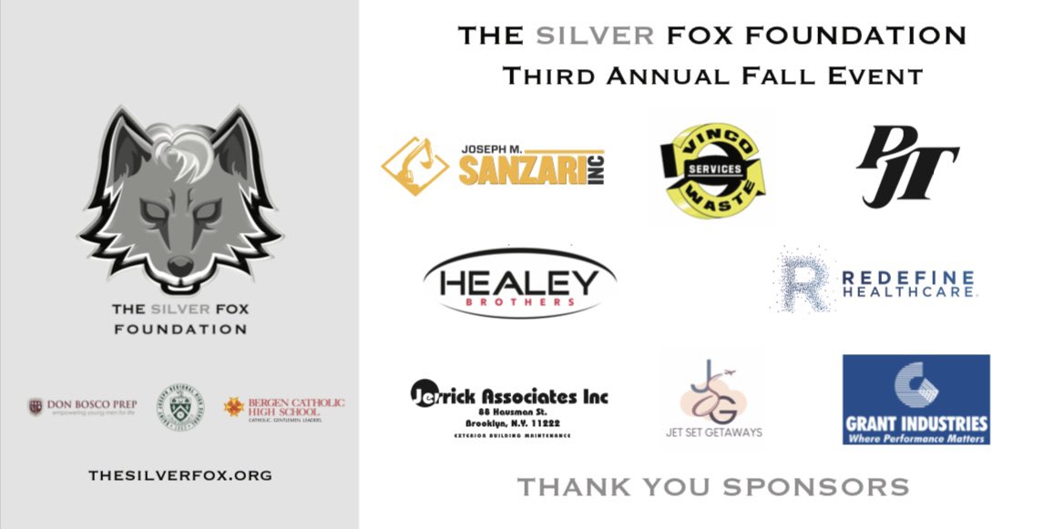 TheSilverFox_1's tweet photo. Thank you to all of our sponsors. See everyone on Sunday! @AlfredSanzariRE @HealeyBrothers, Jet Set Getaways, @redefine_clinic, Vinco Waste, PJT, Jerrick Associates, @DonBoscoIronmen, @SJRHighSchool, and @BergenCatholic https://t.co/JTajE4gvOy