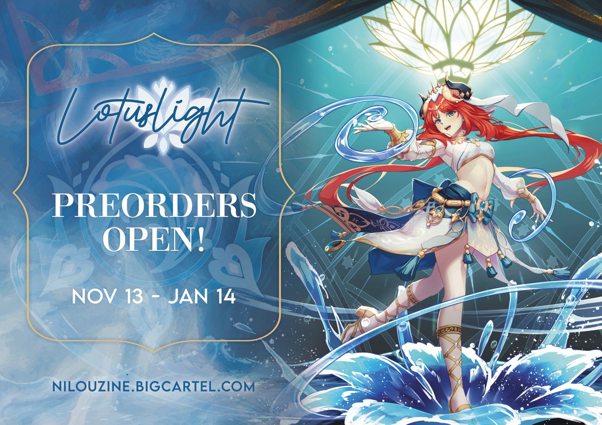 🪷 PREORDERS OPEN

"Lotuslight" is a #GenshinImpact fanmade magazine dedicated to Zubayr Theatre's beloved performer, Nilou!

This beautiful zine cover was illustrated by our talented <a href="/avedral/">Nancy Teeple | khrysm</a>!! 

🛒 nilouzine.bigcartel.com
📅 November 13 to January 14