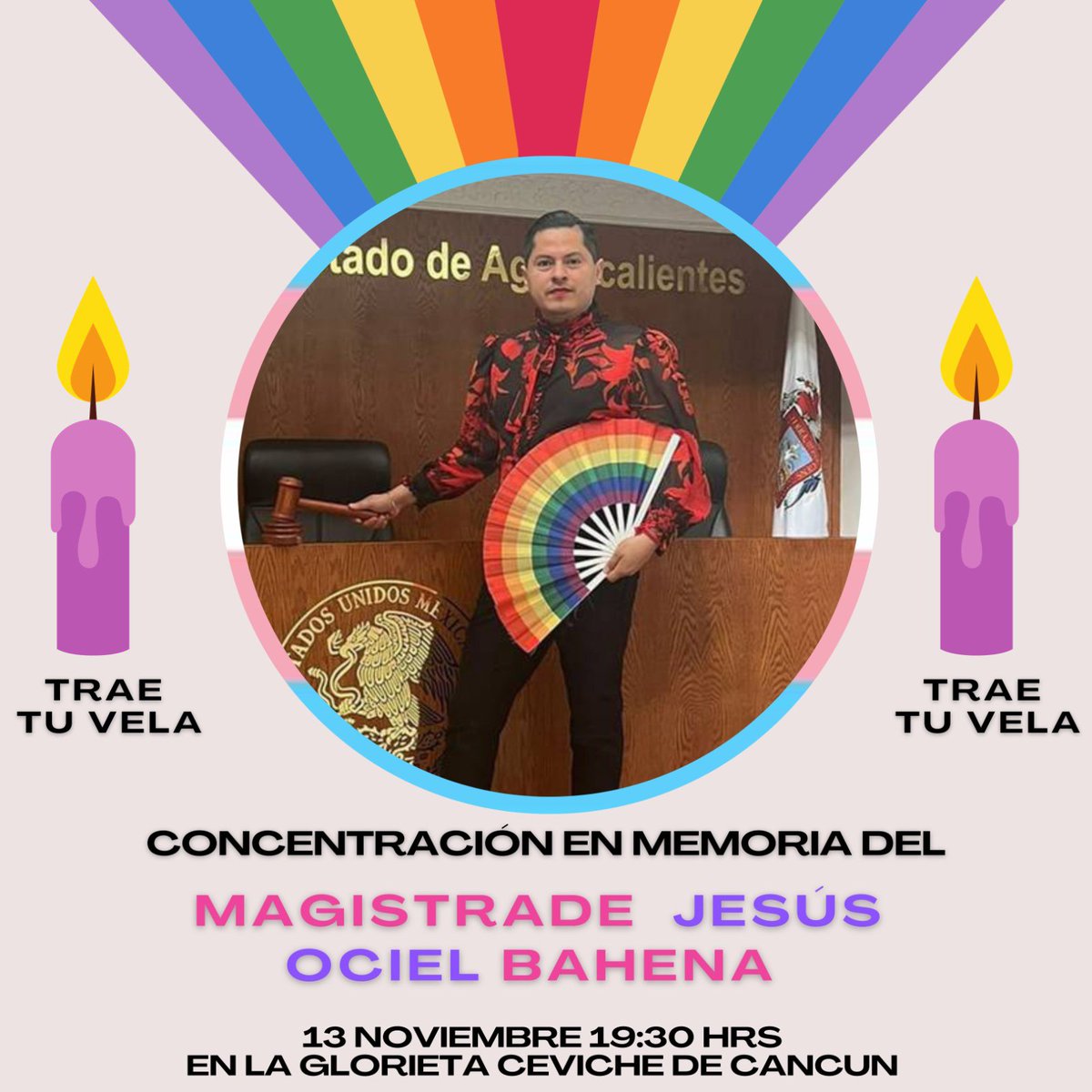 ⚠ Hoy ⚠

Concentración en memoria del Magistrade Jesús Ociel Bahena.

📆 Lunes 13 de Noviembre
🕐 19:30 hrs (7:30pm)
📍 Glorieta del Ceviche

Trae velas y carteles.

#NiUnxMenos #JusticiaparaOciel