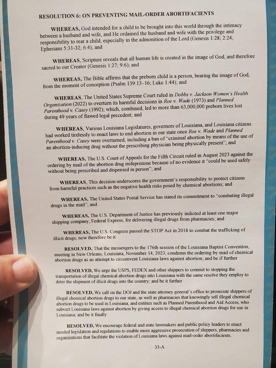 Pictured below is Resolution 6 which will be voted on tomorrow (Nov 14) by the messengers to the Louisiana Baptist Convention. Resolution 6 gives the false impression that use of the abortion pill has been banned in the state of Louisiana. This is what Louisiana Law actually…