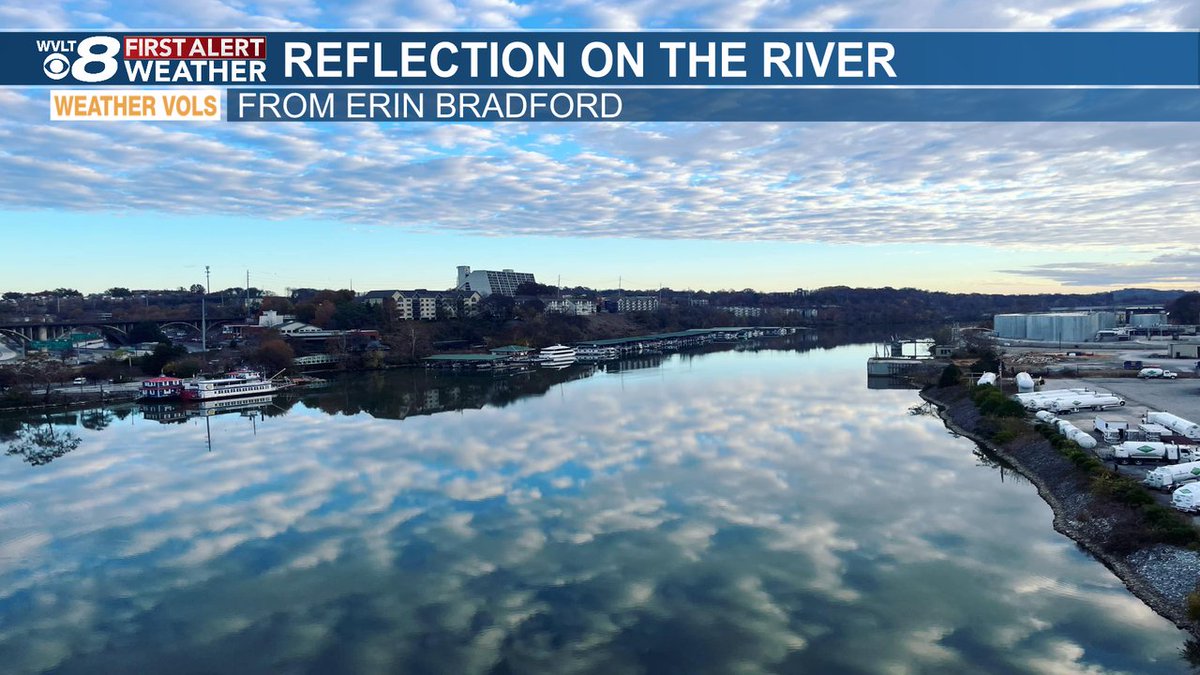 JacobDurhamWX's tweet image. Are we looking at a mirror or the Tennessee River? Check out the cool view from Erin Bradford from the Gay Street Bridge. A perfect mirror image of the clouds on a slick calm day. #tnwx #wvltwx #WVLTFirstAlert