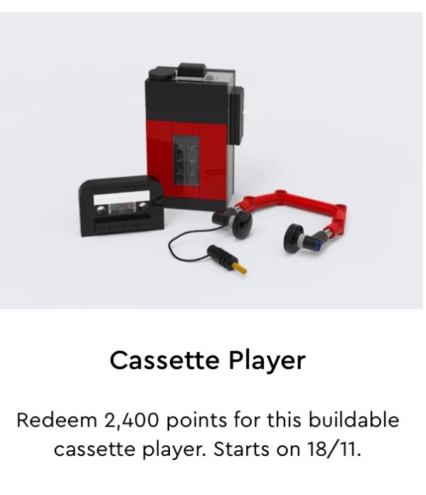 panda_hill's tweet photo. Got to say the @LEGO_Group VIP reward Cassette Player 6471611 doesn’t seem worth it for 2400 points ~$35AUD

for 145 pieces, this should be much lower, maybe at 50% off points… https://t.co/fVbMv67Hlx