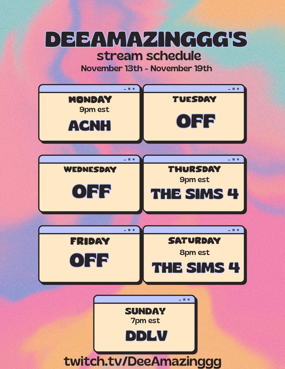 DeeAmazinggg's tweet photo. stream schedule for the week ✨ more citycore fall decorating on ACNH, back to Sims on thoisdays and saturdays with my 100 baby challenge, and magic times on DDLV https://t.co/GnZGK9fs98