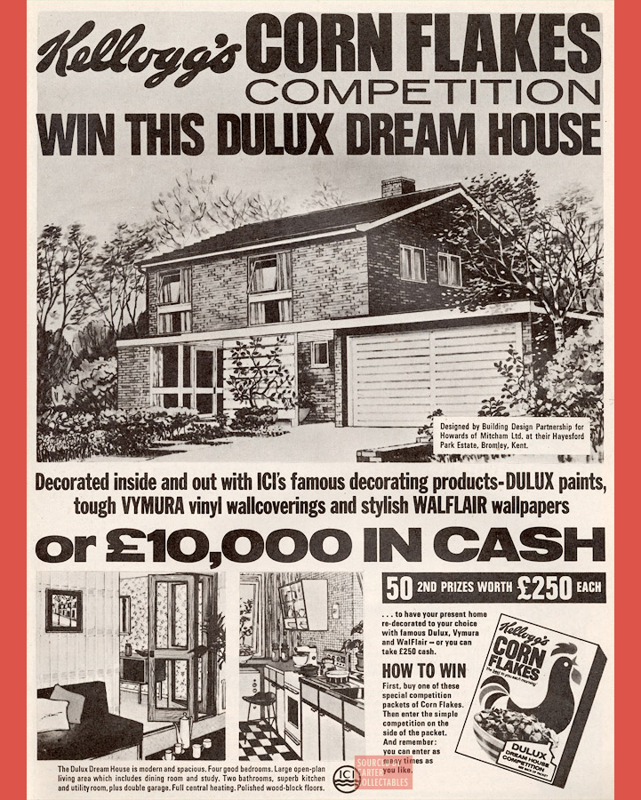 I wonder who won this house in 1969, and if they still live there. Or did they take the £10,000 instead?
1969 Kellogg's Corn Flakes advert. #1969 #1960s #VintageAdvertising #ClassicBritishBrands #GreatBritishFood