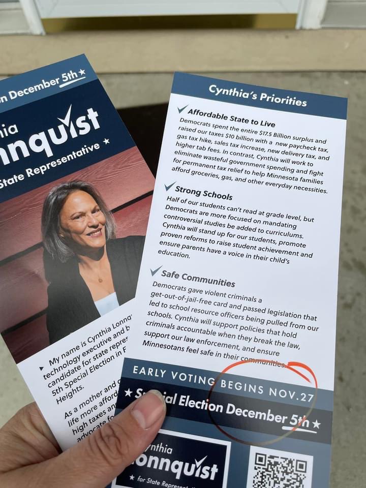 PamAltendorf's tweet image. 52B SPECIAL ELECTION 
MN State Representative
▶️ Early voting starts Nov 27th until Dec 5th

SHARE and encourage people in Mendota Heights and Eagan areas to:
✅ VOTE Cynthia Lonnquist
#FlipMNHouse 
cynthia4mnhouse.com