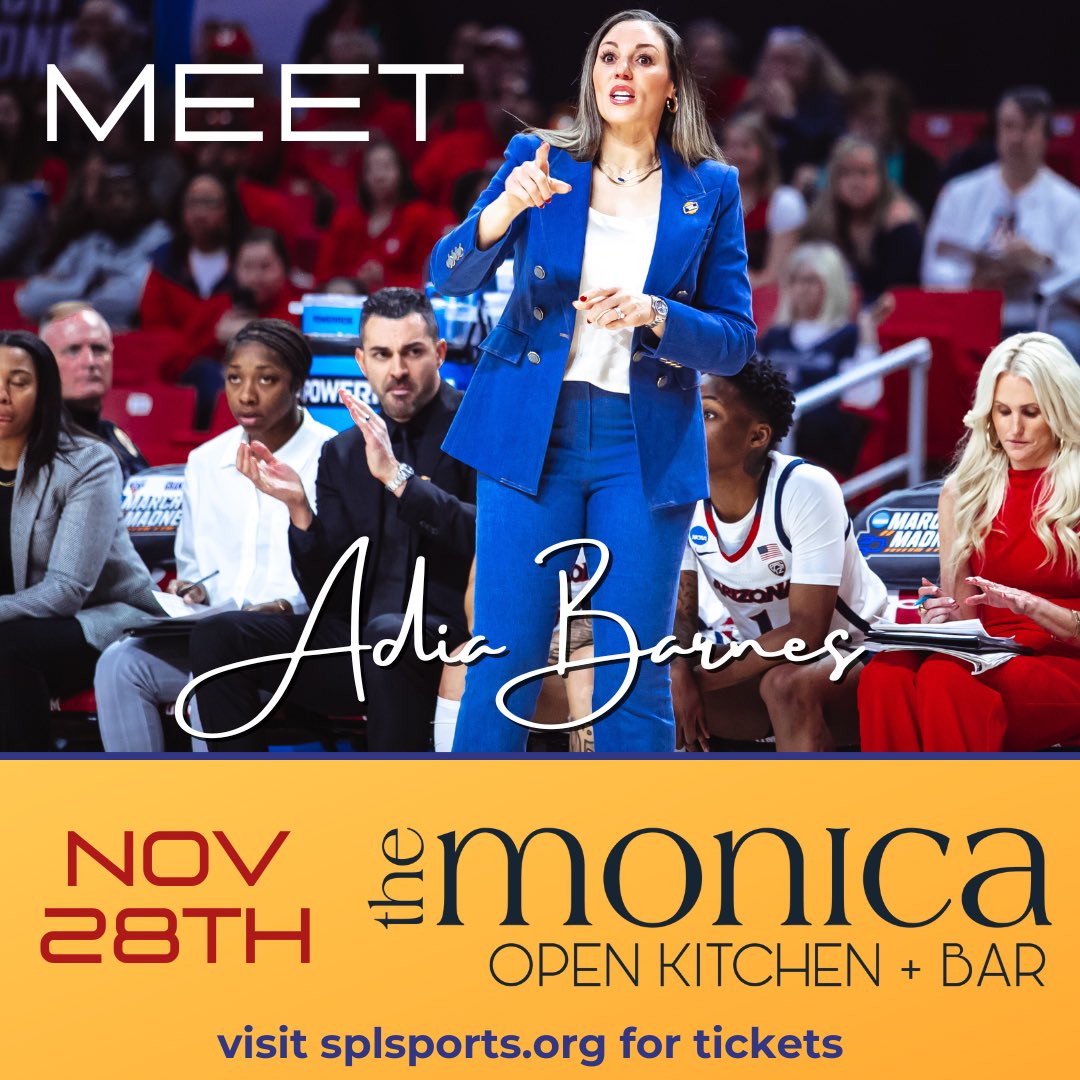 splsportsinc's tweet photo. Join us for a VIP event with coach Adia Barnes @AdiaBarnes and members of her team. Hosted by one of Tucson’s finest restaurants @themonicatucson it will be a night you won’t forget. All proceeds go to benefitting women’s athletics in Southern Arizona. https://t.co/1fDKptPpM0