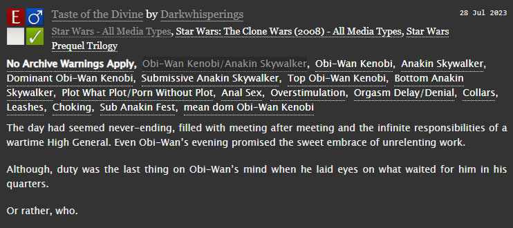 darrkwhispering's tweet photo. Title: Taste of the Divine
Rating: Explicit
Pairing: Obi-Wan Kenobi/Anakin Skywalker
Link: https://t.co/HCG6Wum2B8
*written for @anakinfests Sub!Anakin festival https://t.co/u8a1tAz75Z