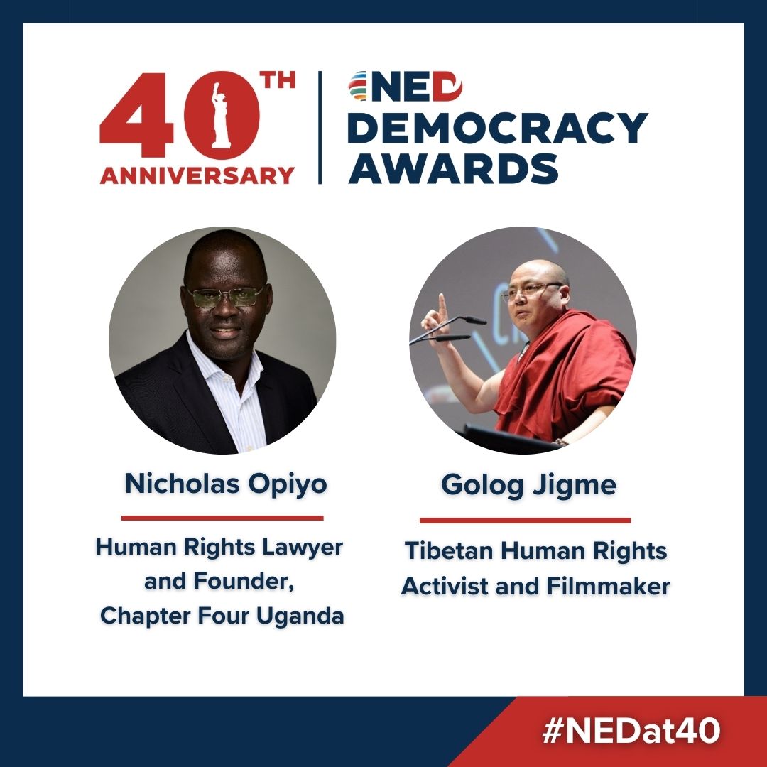 Meet our 2023 Democracy Award Honorees - Individuals imprisoned or killed for their democratic activism. Nicholas Opiyo and Venerable Golog Jigme will accept the award on behalf of these courageous individuals. Learn more #NEDat40: ned.org/2023-democracy…