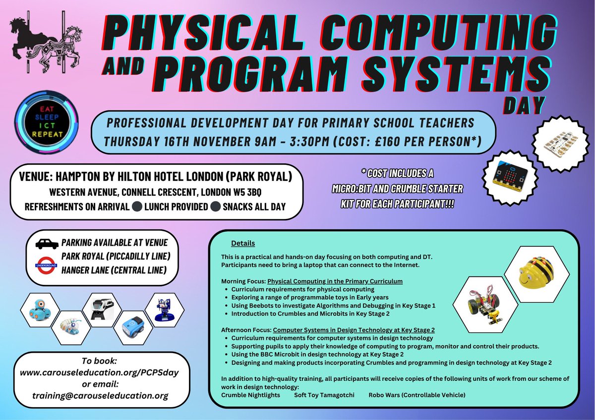 EatSleepICTRpt's tweet image. 3️⃣ days to go until I’m delivering this exciting #PhysicalComputing day with @CarouselEducn at Hampton by Hilton Hotel. Looking forward to delegates exploring Beebots, Dash, Code-a-pillar, @intelino, @SpheroEdu Indi, Marty @RoboticalLtd, @OhbotRobot, @microbit_edu and Crumbles!!!