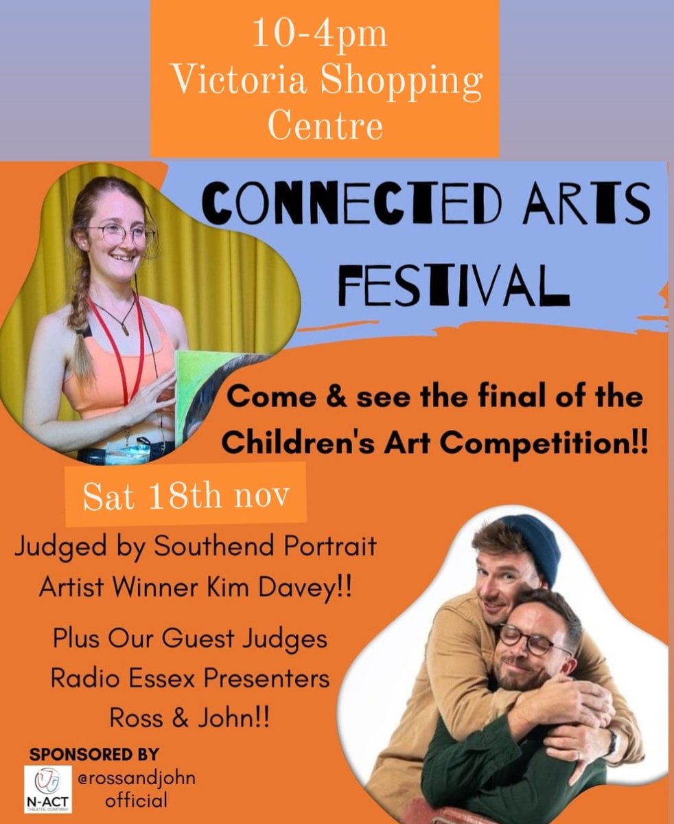 #ConnectedArtsFestival Saturday 18th 10am-4pm Victoria Shopping Centre #Southend Southend's favourite comedy duo @RossMcGrane & @JohnJokesOakes from @RadioEssex will be hosting the Childrens Art Competition final with #Southend Portrait Artist of the Year winner Kim Davey!