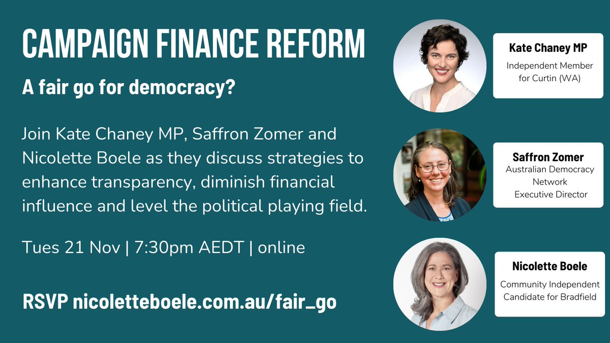 Nicolette_Boele's tweet image. Don&apos;t miss my discussion with Kate Chaney MP @chaneyforcurtin &amp;amp; Saffron Zomer @OurDemocracyAU. 

We dive into the pressing topic of campaign finance reform &amp;amp; how it can ensure our democracy aligns with community, not &apos;special&apos; interests.

#BetterIsPossible #CampaignFinanceReform