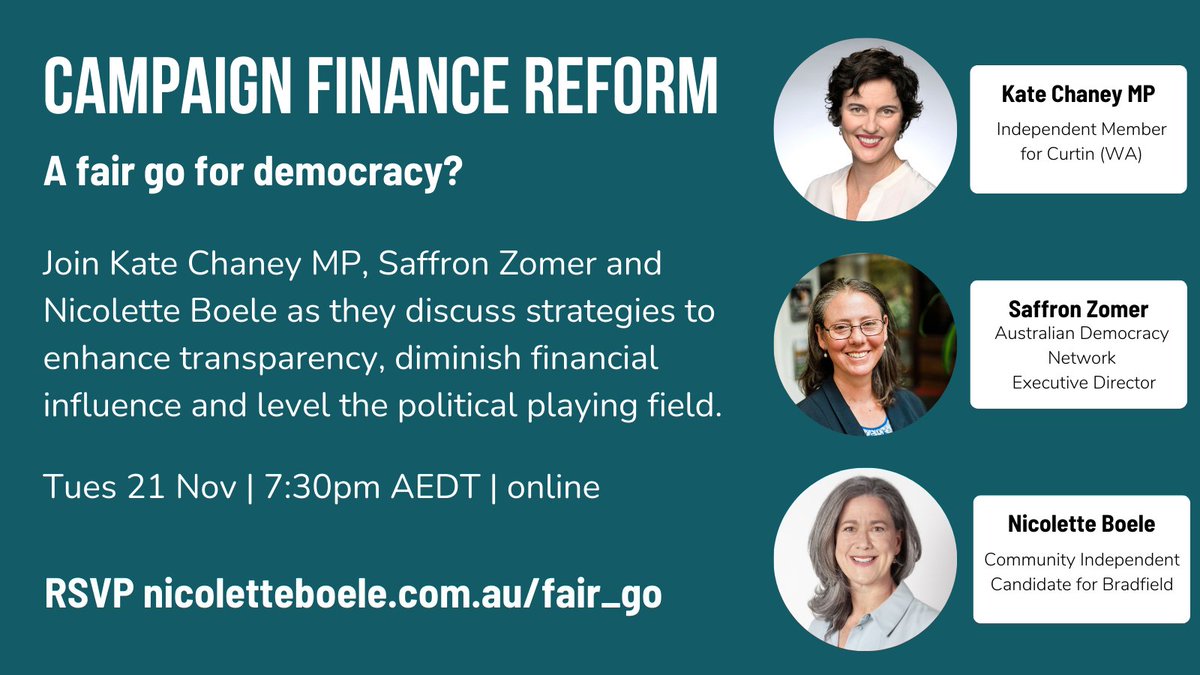 Don't miss my discussion with Kate Chaney MP @chaneyforcurtin & Saffron Zomer @OurDemocracyAU. 

We dive into the pressing topic of campaign finance reform & how it can ensure our democracy aligns with community, not 'special' interests.

#BetterIsPossible #CampaignFinanceReform