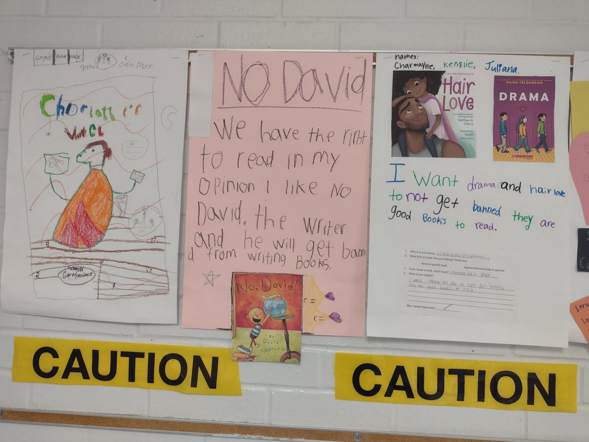 The first week of Oct, I taught ✨all✨ my classes about #BannedBooksWeek (yes even Kindergarten!). My 3rd-4th grade classes spent all month working in small groups to create protest posters against banning books! Look at their amazing work!!  #spslib (1/2)