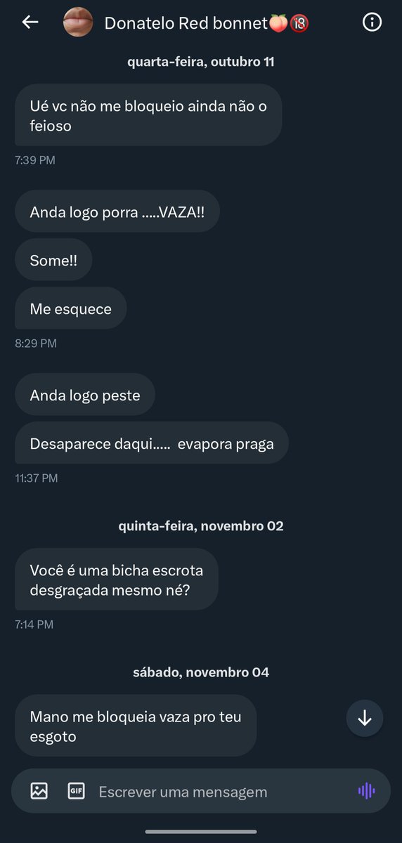 A gay que não soube lidar com um simples "não te curti". 

Já já ele aparece aqui, pq não para de visitar meu perfil.