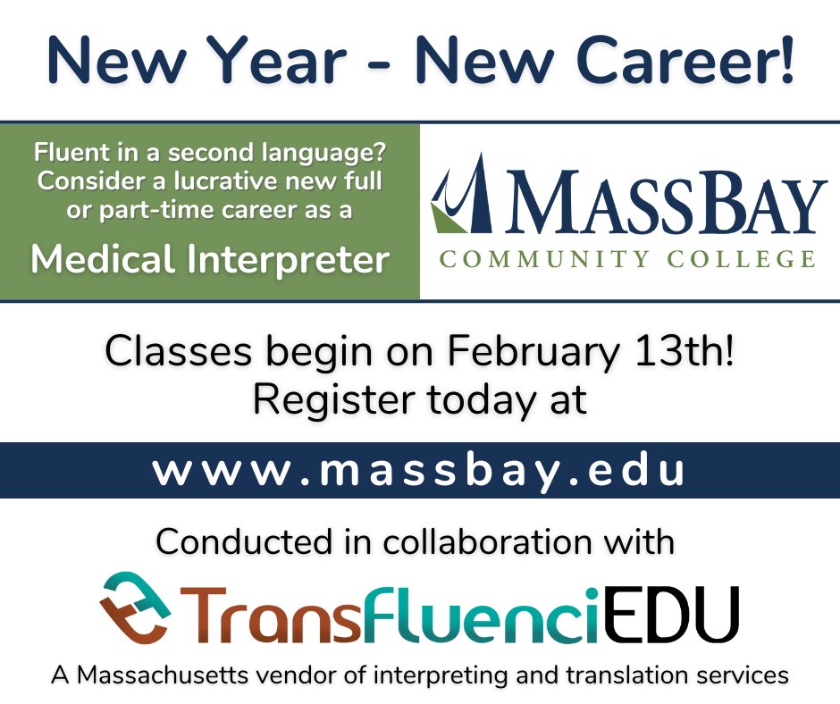 MassBay Community College (@massbaycommcol) on Twitter photo New Year, new career, new you!
If you're fluent in a second language, check out our medical interpreter program! Email cpwd@massbay.edu for more information. New Year, new career, new you!
If you're fluent in a second language, check out our medical interpreter program! Email cpwd@massbay.edu for more information.