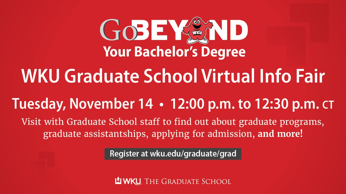 Interested in learning more about graduate opportunities at WKU? Join us for a Virtual Info Fair on November 14 at noon CST!

Register at wku.edu/graduate/grad/

#WKU #ClimbWithUs #GradSchool