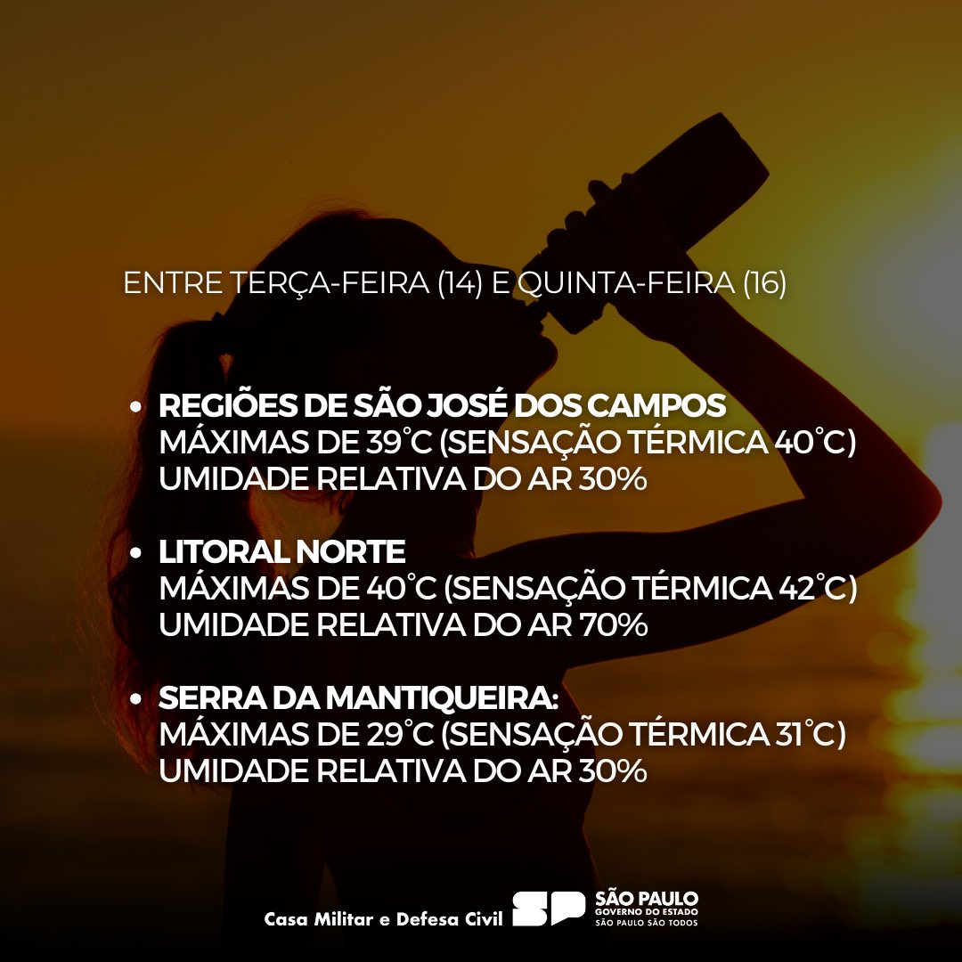 defesacivilsp's tweet photo. ☀️ ALERTA DE CALOR INTENSO!

Devido à persistência de uma massa de ar quente no estado, a Defesa Civil renovou, nesta segunda-feira (13), o alerta de altas temperaturas válido até quinta-feira (16). Confira as previsões para sua região! https://t.co/M1ehkOPVYC