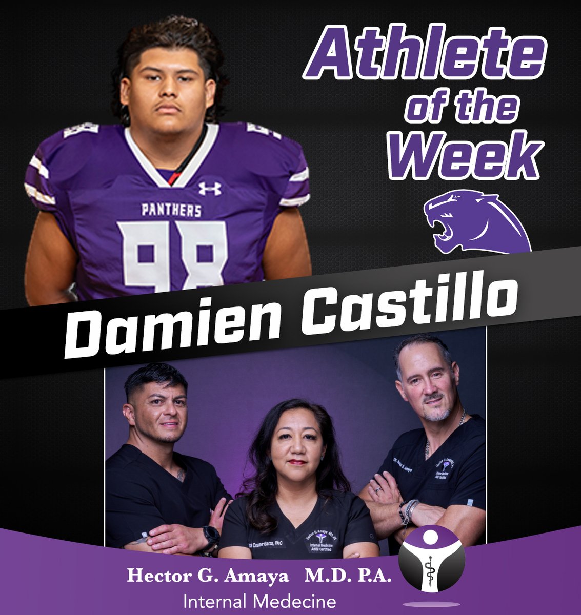 Our Athlete of the Week is senior Damien Castillo. He wears No. 98 and plays defensive tackle for your Panthers. Damien is set to receive his welding certification from STC. He plans to major in Civil Engineering at Texas A&amp;M University. Congratulations Damien.