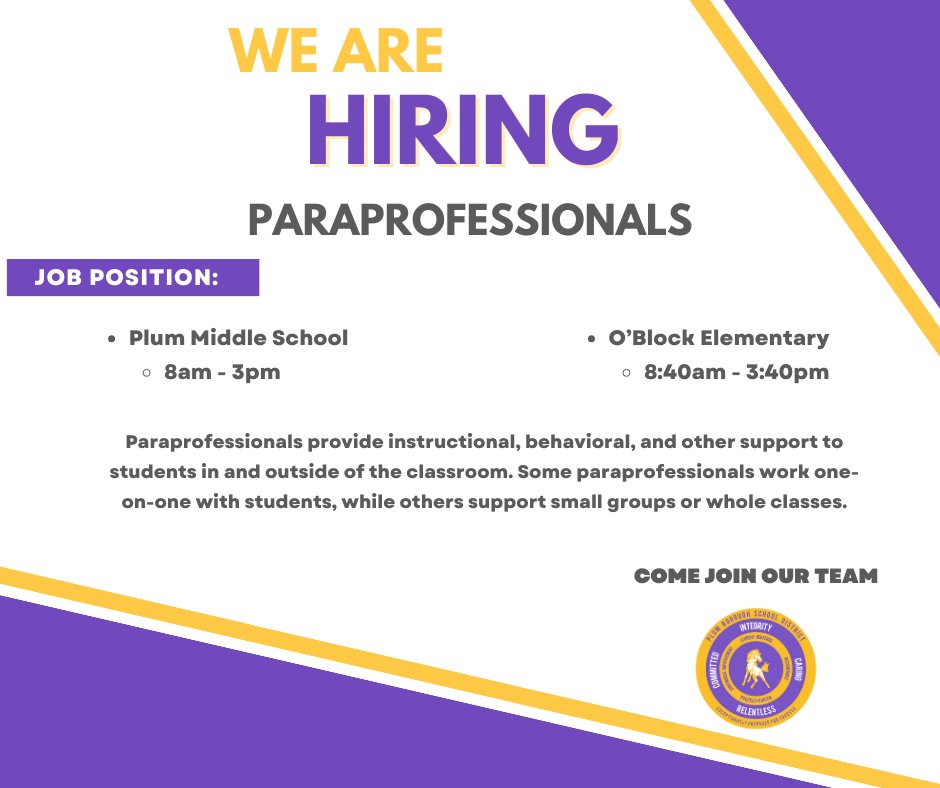 Plum Borough School District is hiring! 🔎 

Interested applicants can apply at pbsd.info/Hire