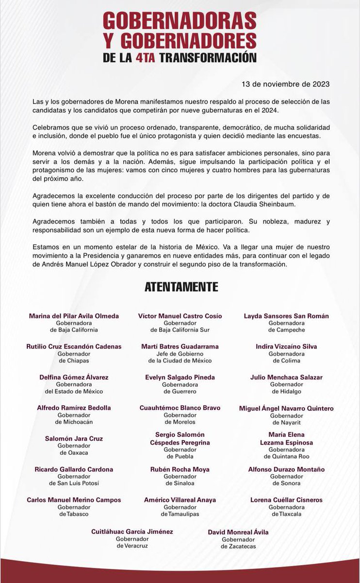 MiguelANavarroQ's tweet photo. Las y los Gobernadores de MORENA respaldamos el resultado del proceso interno de selección de precandidatos hacia la elección del 2024.

¡La política no está para servirse a uno mismo, sino para servir al pueblo! https://t.co/SkHOVYs75k