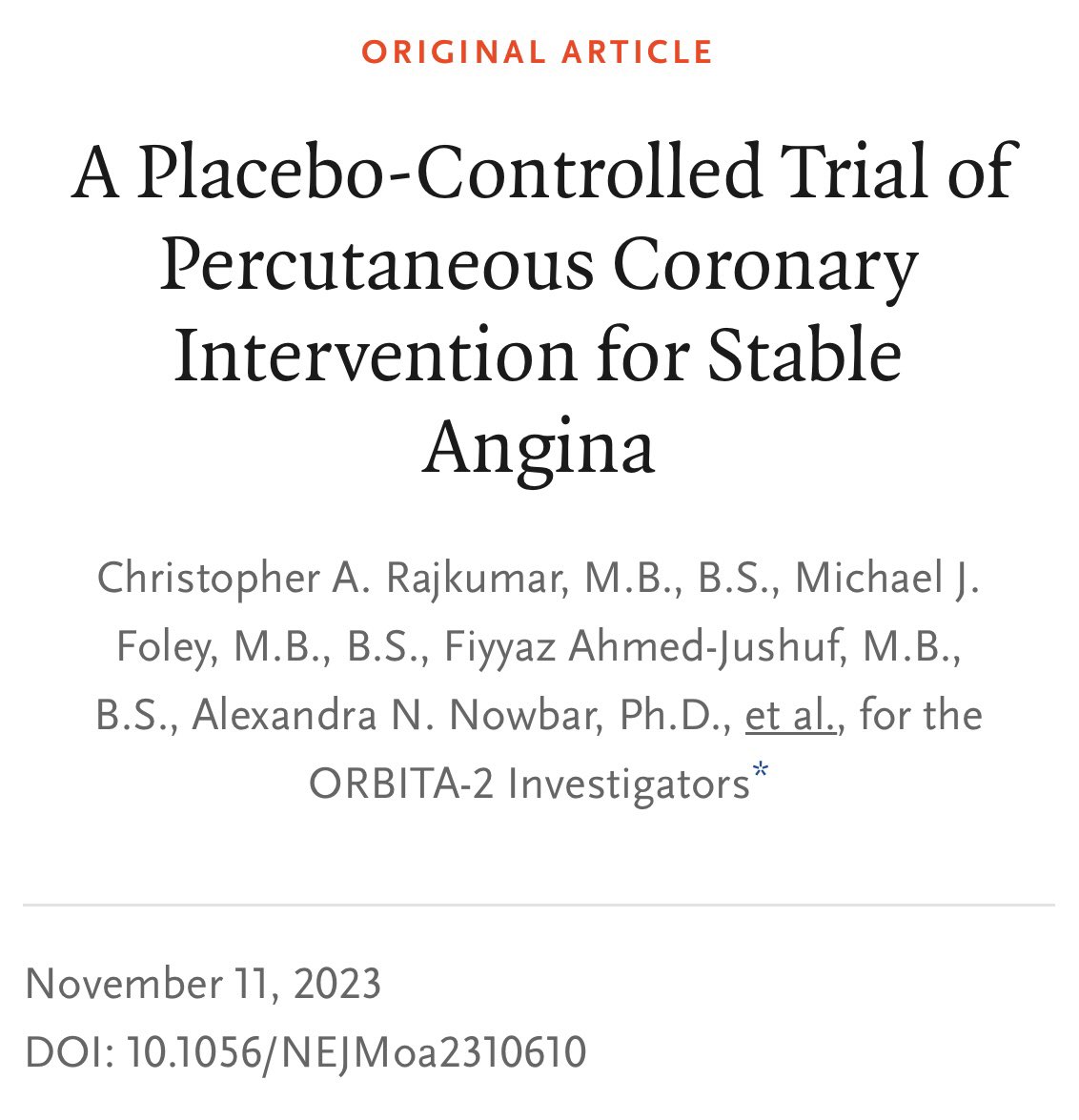 ~~ New Trials added to Cardiac Trials📱 ~~ PCI to improve symptoms in stable angina? This #AHA23 trial reaffirmed the role PCI can play in symptom relief, standing in stark contrast to its first generation counterpart (ORBITA, 2018). ORBITA-2 Trial, NEJM 2023 ♥️