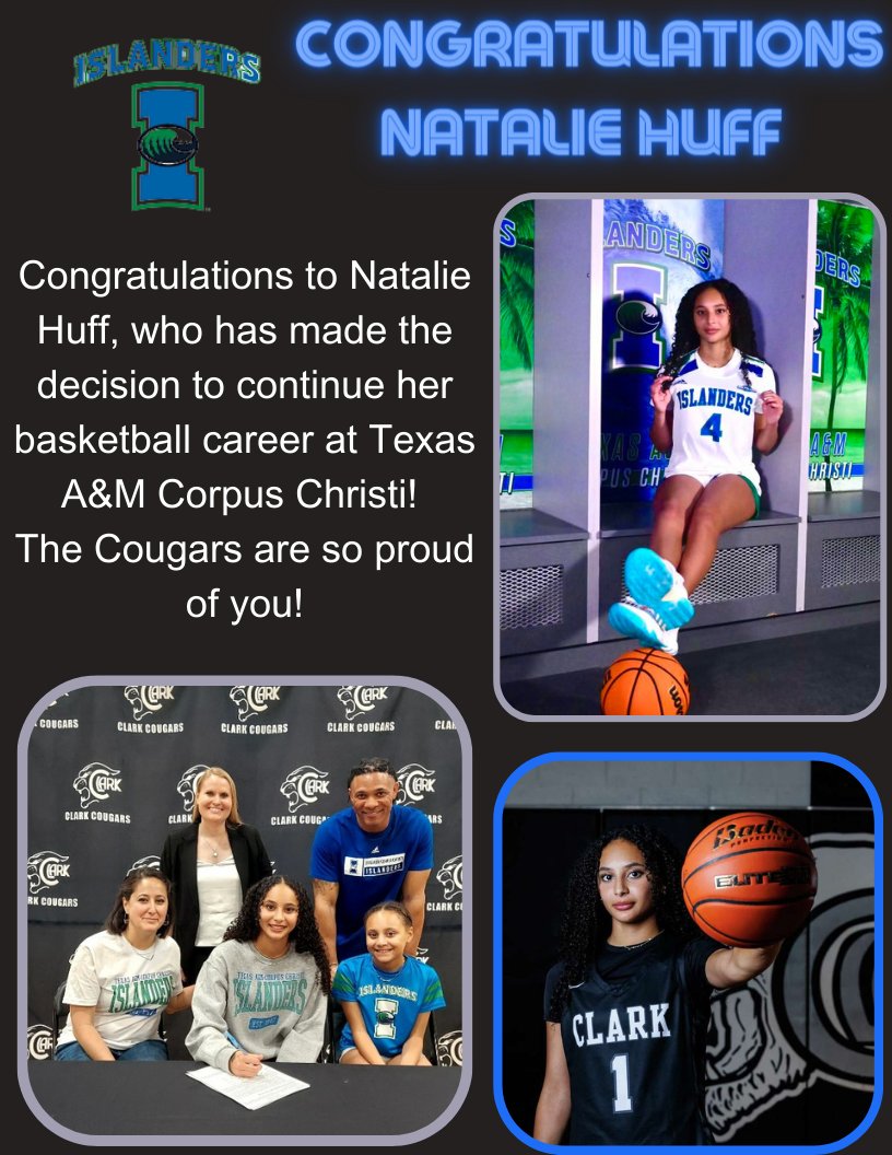 Congratulations to Clarks Natalie Huff. Natalie is one of 3 Seniors signing letter of intents to play Division I basketball in the fall of 2024. Nat is a 4 year letterman and helped the Lady Cougars win their first State Championship. We are Proud of you!