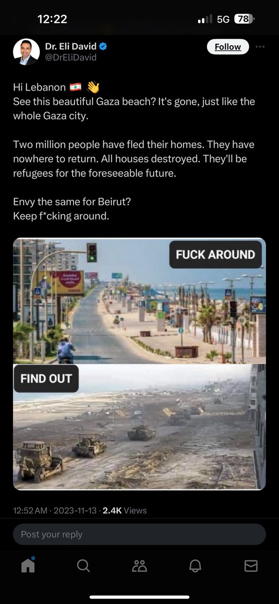 tchaudry's tweet photo. @DrEliDavid @piersmorgan @jeremycorbyn @PiersUncensored You are the terrorist. Racist pos Zionist. Straight up calling for genocide and then deleting it. https://t.co/no1VmGW24s