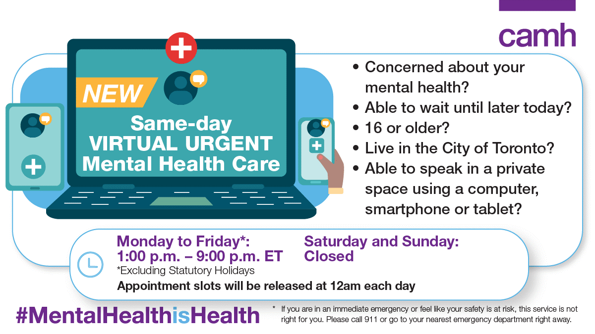 CAMH is committed to providing patients with #virtualcare options.

That's why we launched #Canada’s first hospital-based same-say Virtual Urgent Care Clinic for #mentalhealth for people in #Toronto aged 16+.

BOOK:
camh.ca/en/your-care/p…

#ThinkDigitalHealth
#DigitalHealthWeek