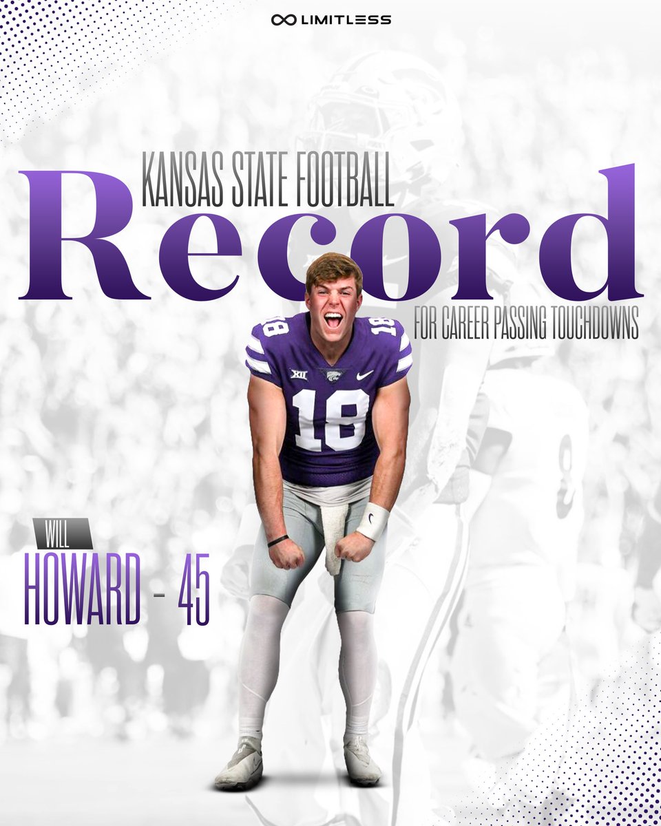 limitlessnil's tweet photo. Writing history ✍️

With 3 TDs in a 59-25 win over Baylor this weekend, @whoward_ becomes Kansas State’s career passing touchdown leader 👏

♾️ | #forathletesbyathletes https://t.co/rWu0zsELyi