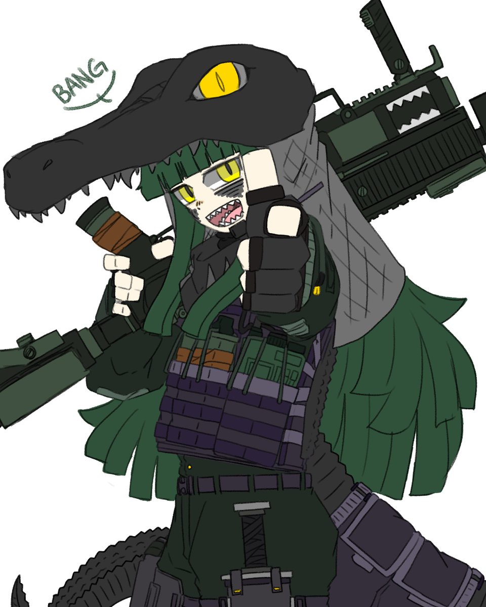 1girl sharp teeth green hair weapon yellow eyes long hair teeth  illustration images