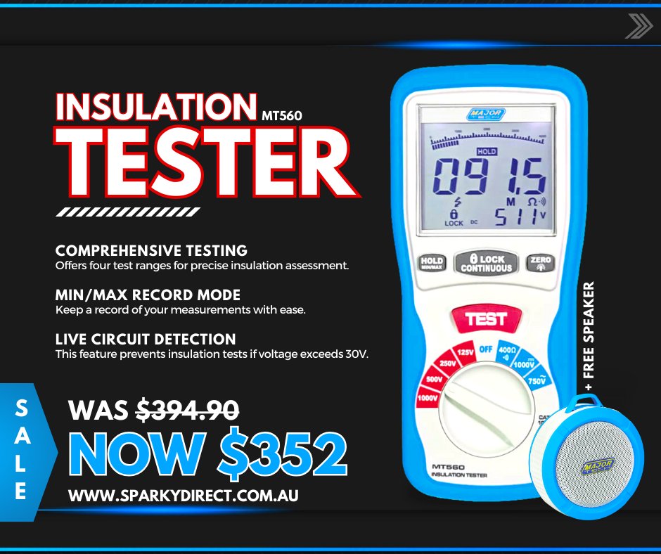 Sparkydirect's tweet image. ⚠️ ON SALE NOW ⚠️ Upgrade Your Electrical Safety with the MT560 Insulation Tester! ⚡🔌

- Accurate Insulation Testing: Ensure wiring safety with precision. ✅
- Wide Voltage Range: Versatile for various applications. 🌐

🔗 Shop Now: sparkydirect.com.au/p/major-tech-m…

#Sparkydirect #SALE
