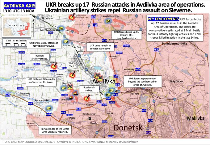 PeterClifford1's tweet photo. #Ukraine: 5. At #Avdiivka UA forces fought off 17 RU attacks & destroyed 2 tanks, 3 IFV & +200 troops. Internet littered with videos of dead RU troops today. This bunch of jokers decided to hide from UA drone in abandoned RU BTR: https://t.co/lto5QoFlnh (Map: @ChuckPfarrer) https://t.co/MMtm4bKfrh