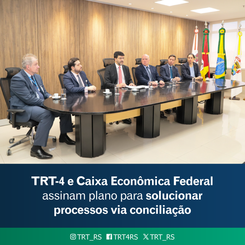 TRT_RS's tweet photo. O #TRT4 a Caixa Econômica Federal (CEF) firmaram um plano para solucionar pela via da conciliação centenas de processos trabalhistas que tramitam contra o banco. O termo foi assinado em solenidade realizada no Salão Nobre, nesta segunda-feira (13). https://t.co/CZxkCaLgw9