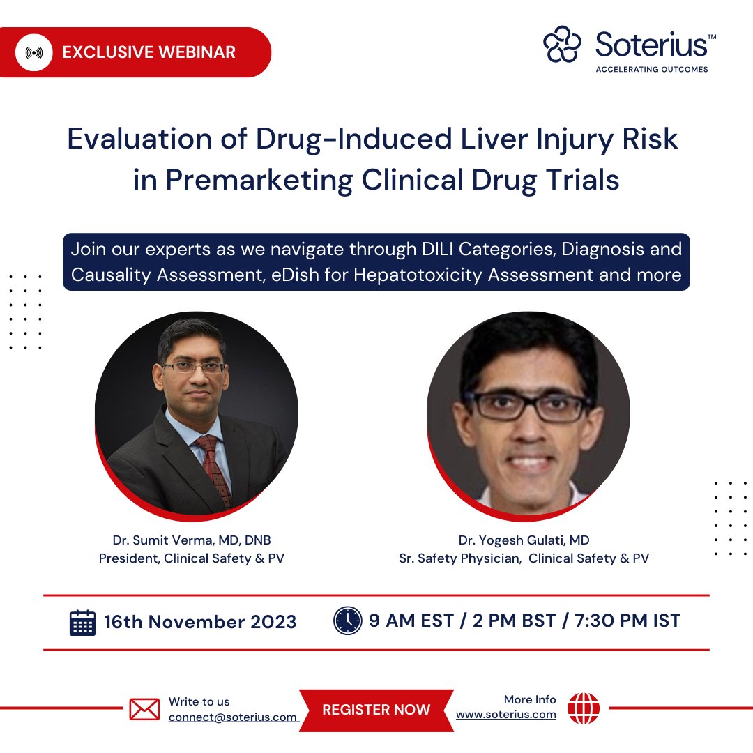 Our webinar on the most anticipated topic “Evaluation of Drug-Induced Liver Injury Risk in Premarketing Clinical Drug Trials” is just around the corner.

Register @ bit.ly/3QglBU0

#drugtrials #clinicaltrials #Webinar #Soterius #DILI #LiverInjury #drugsafety