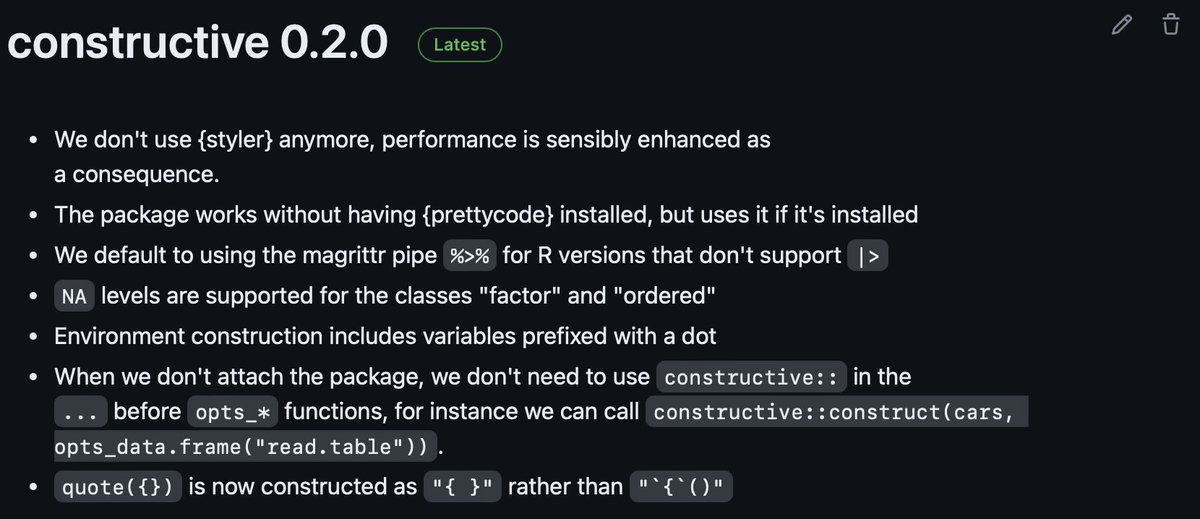 #rstats {constructive} 0.2.0 is on CRAN!
It is much more performant because it doesn't depend on {styler} anymore.
{constructive} is basically a nicer dput(), it will help with reprexes,  sample data, snapshot tests, data exploration, debugging etc.
github.com/cynkra/constru…