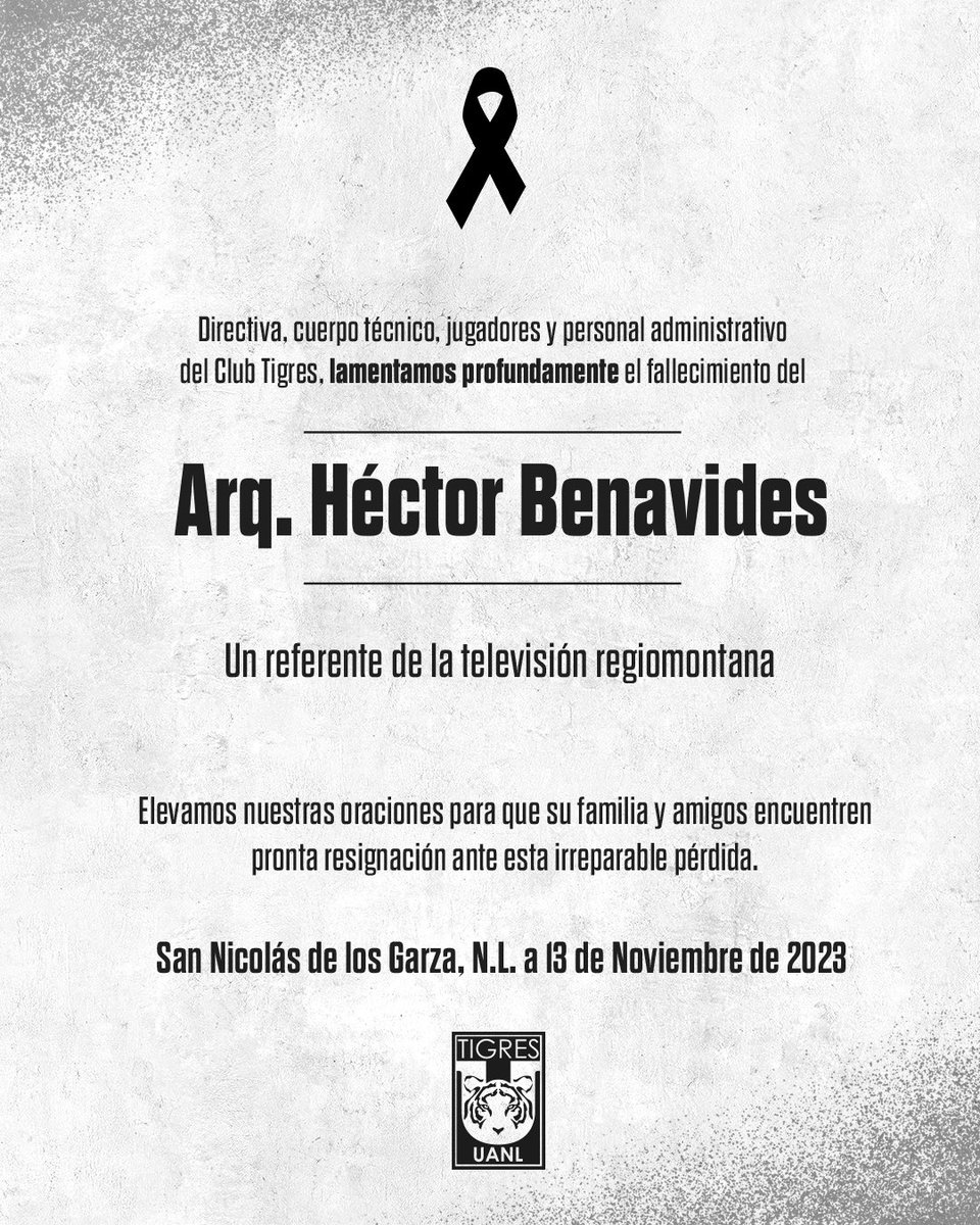 TigresOficial's tweet photo. ✝️🙏🏻 Un abrazo hasta el cielo, Arquitecto Héctor Benavides, y vaya un agradecimiento por la entrega y cariño a su profesión. https://t.co/oqNfOhsBql