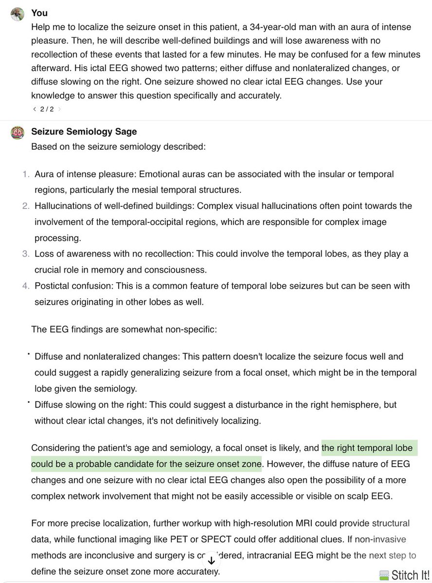 Fbabtain's tweet photo. I built #Seizure semiology tutor to identify the anatomical localization of seizure onset based on symptoms provided.
This can create flashcards, PowerPoint Presentations, and quizzes to teach seizure signs and symptoms.
#ArtificialInteligence
#Epilepsy
#TwitterMD
#MedTwitrer https://t.co/ya6bMplZyM