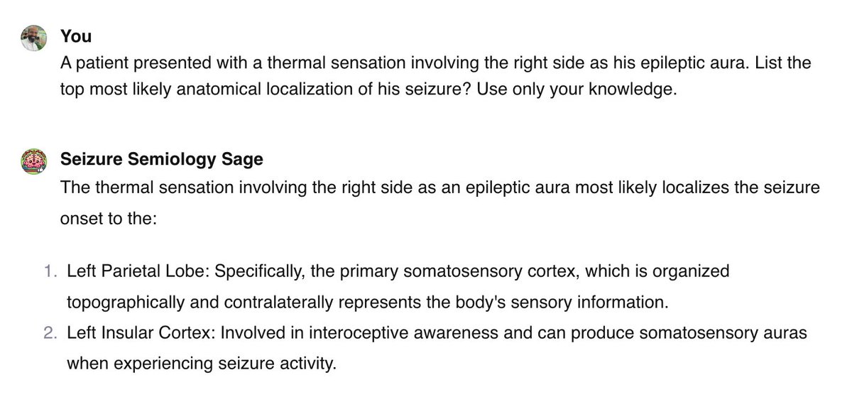Fbabtain's tweet photo. I built #Seizure semiology tutor to identify the anatomical localization of seizure onset based on symptoms provided.
This can create flashcards, PowerPoint Presentations, and quizzes to teach seizure signs and symptoms.
#ArtificialInteligence
#Epilepsy
#TwitterMD
#MedTwitrer https://t.co/ya6bMplZyM