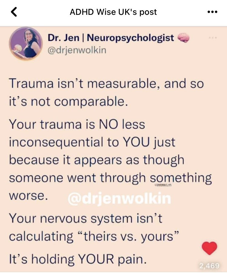 lynnsweefire's tweet photo. 💯this.  So often we feel our trauma isn’t big enough. Others have it worse. 
 “Trauma isn’t measurable and so it’s not comparable“ 
@drjenwolkin 🙏 https://t.co/iFk5gBzOHW