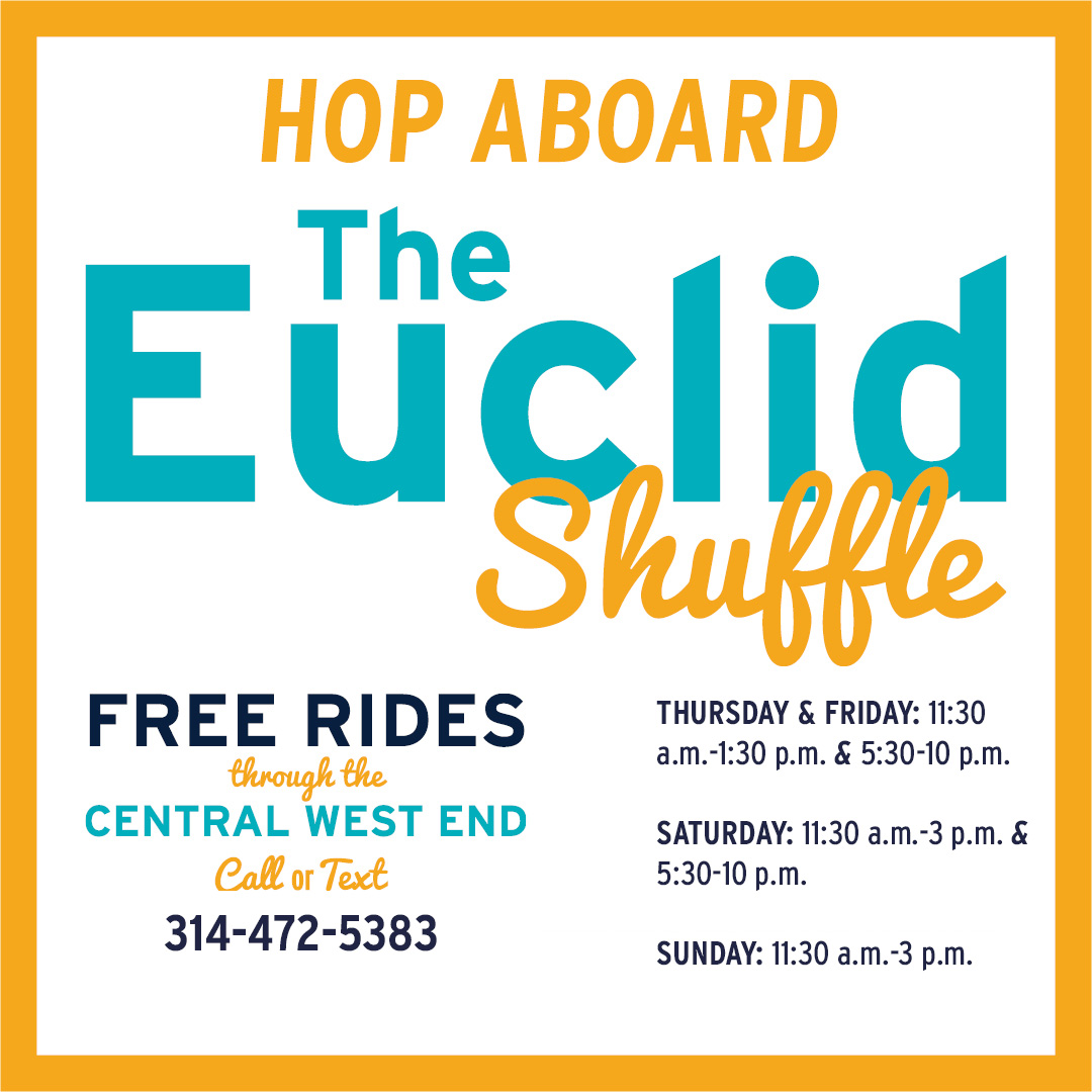 BIG NEWS! - The shuttles are back! Starting Thursday, Nov. 16, You'll be able to catch a complimentary ride on one of two electric vehicles on Thursdays -Sundays. In collaboration with <a href="/cwescene/">St. Louis' CWE</a> the shuffle can transport you anywhere in the CWE from Forest Park Ave to Washington
