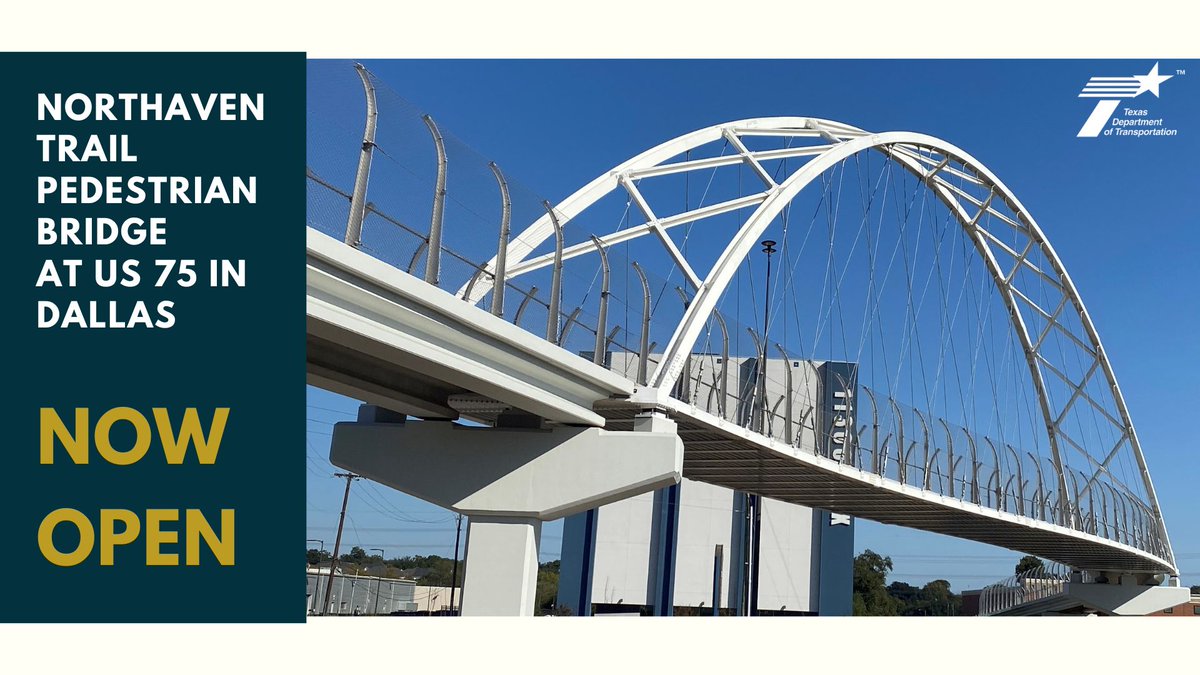 TxDOTDallas's tweet photo. DALLAS - Good news! The new Northaven Trail pedestrian bridge over US 75 is open! Crews are still wrapping up work; possible short-term closures over the next few weeks. Thanks for your patience and enjoy! @CityOfDallas @NCTCOGtrans @DallasCountyTx @NorthavenTrail #DFWTraffic https://t.co/GeL2iPFePq