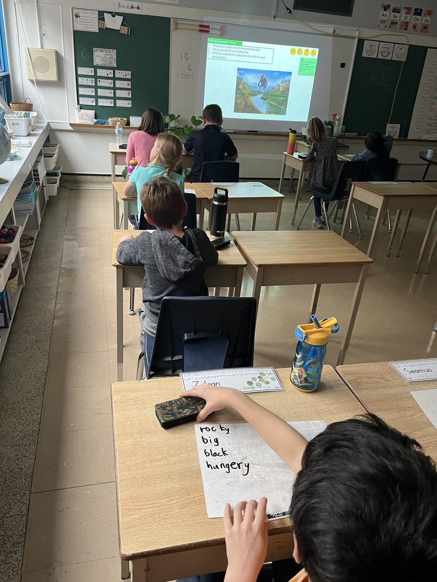 KervinAmy's tweet photo. Today we worked on identifying + defining adjectives using a foundational lesson from #thesyntaxproject. Here, Ss are working in the “you do” phase of the lesson, writing adjectives to describe the subject in the displayed image. #StructuredLiteracy @Glenburnie_ldsb @LimestoneDSB https://t.co/1PCp0ckUQM
