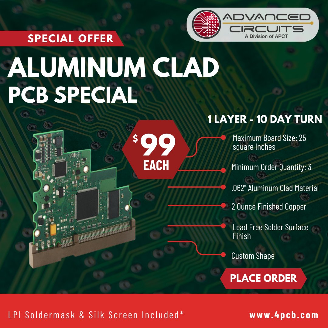 AC4PCB's tweet image. Need Aluminum Clad? For $99 EACH, Get 1-Layer Aluminum Clad PCBs w/ 10-Day Turn-Time!

✔️ Maximum Board Size Of 25 Sq. Inches. Our .062&quot; Aluminum Clad Material
✔️ 2 Oz. Finished Copper
✔️ Lead-Free Solder Surface Finish

Visit Our Aluminum Clad Specials: bit.ly/3QEN166