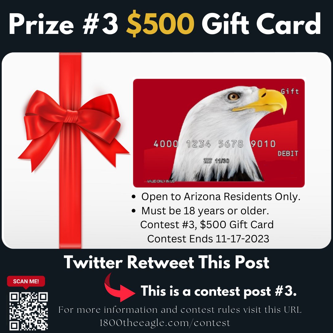 1800theeagle's tweet photo. Congratulations to each of the winners from the first two contests. We are starting the grand prize giveaway of a $500.00 gift card today!
#contest 
 #goldbergandosborne
#1800THEEAGLE
#personalinjurylawyers
#caraccidentattorneys
#AZattorneys https://t.co/Vy8HzncHD4
