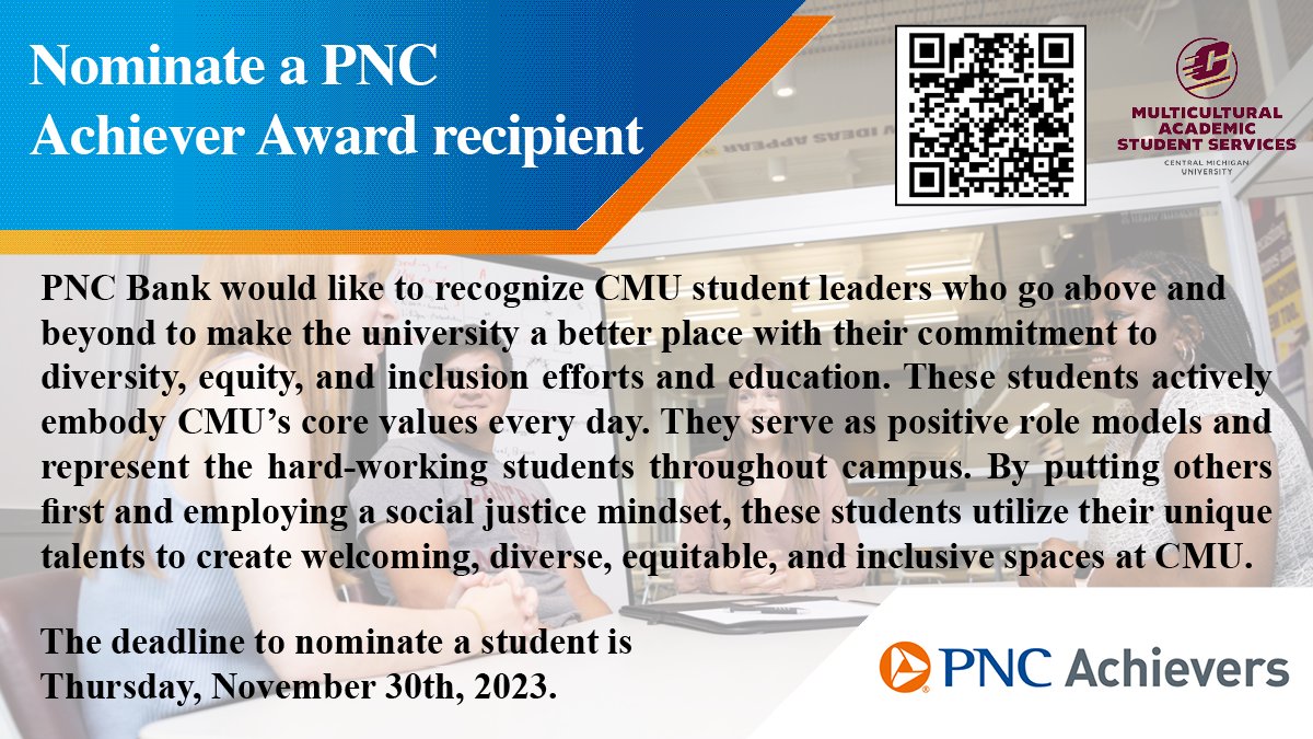 CMUCSID's tweet image. Do you know a CMU student leader who goes above and beyond to ensure our campus is a welcoming, diverse, equitable and inclusive space? Then you should nominate them for a chance to receive the PNC Achiever Award. Nominations close Thursday, November 30th. @CMUniversity @PNCBank