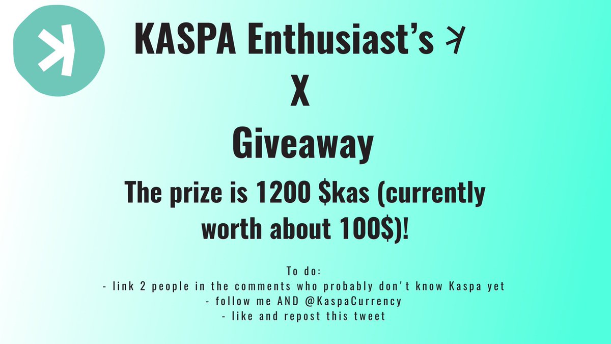 KASPAEnthusiast's tweet image. I recently reached 7000 followers and would like to say thank you for that and at the same time increase the reach of #Kaspa.

For this reason I am doing a #giveaway. One winner will receive 1200 $kas which have a current value of about 100$.

To participate you have to do the…