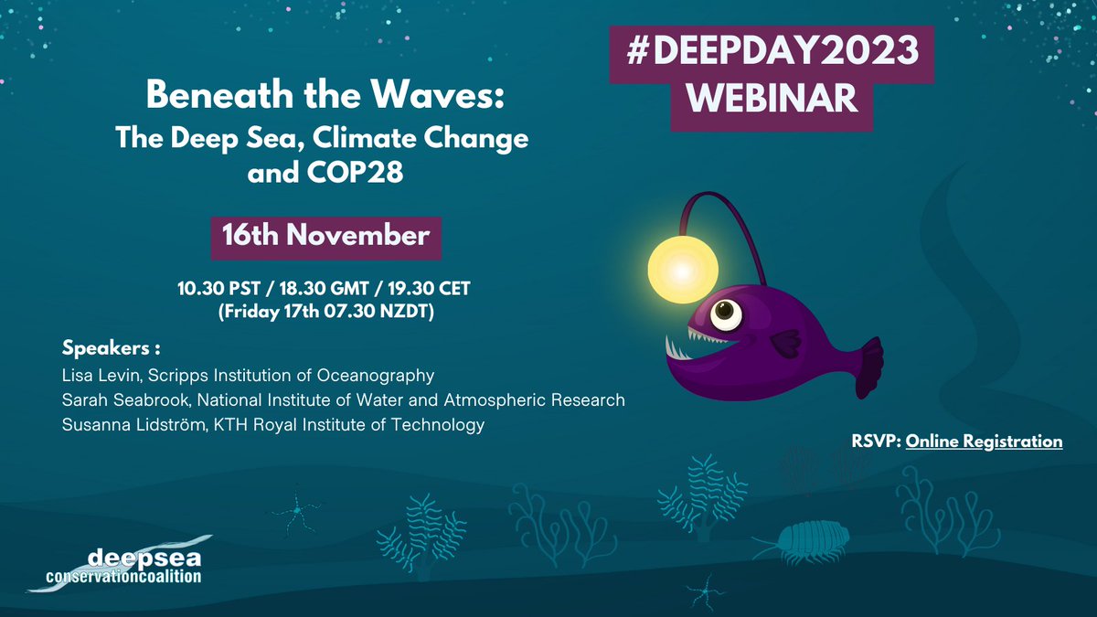 Any plans for #DeepDay? Don't miss our webinar "Beneath the Waves: The #DeepSea, #ClimateChange and #COP28"
Join <a href="/LlevinAnn/">Lisa Ann Levin</a>, Sarah Seabrook and Susanna Lidstrom <a href="/KTHuniversity/">KTH Royal Institute of Technology</a> as they dive into the deep sea’s critical role and the threats it faces: us06web.zoom.us/webinar/regist…