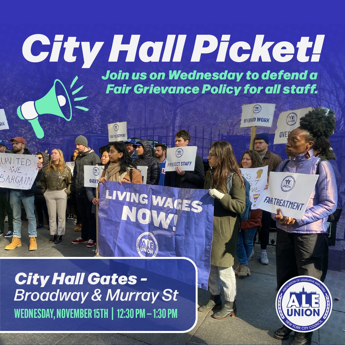 Association of Legislative Employees (@nyccouncilunion) on Twitter photo Join our picket outside City Hall this Wednesday before Stated (12:30-1:30pm) to defend a fair grievance policy for all Council staff! ✊
Can't make it? Wear your ALE merch in solidarity! Take a photo with your co-workers & tag us <a href="/nyccouncilunion/">Association of Legislative Employees</a> on Twitter or Instagram. Join our picket outside City Hall this Wednesday before Stated (12:30-1:30pm) to defend a fair grievance policy for all Council staff! ✊
Can't make it? Wear your ALE merch in solidarity! Take a photo with your co-workers & tag us <a href="/nyccouncilunion/">Association of Legislative Employees</a> on Twitter or Instagram.