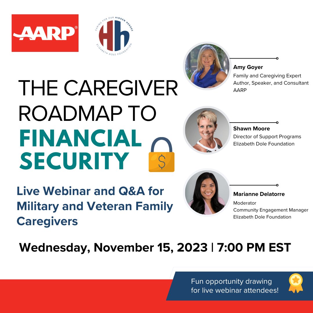 Hope you'll join me, @AARP & @DoleFoundation Nov. 15, 7 pm ET for The Caregiver Roadmap to Financial Security, a free webinar for #military and #veteran #caregivers. REGISTER HERE: lnkd.in/gCKP63F7N