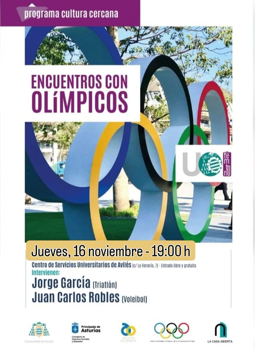 FundaviAviles1's tweet photo. 📣 !No te olvides que el jueves estás invitado a ENCUENTROS CON OLÍMPICOS!

¡No te lo pierdas!

⏰️ 19:00 H.
📍 Centro de Servicios Universitarios de Avilés.

@OlimpicAsturias
#FundaviSolidario https://t.co/OkCclXQvPh